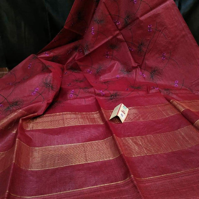 Eri Silk Digital Embroidered Red Saree with Running Blouse-Indiehaat