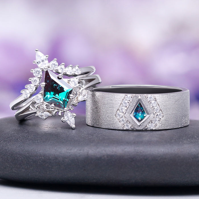 Elowen Kite Cut Lab Grown Alexandrite Ring Set in Sterling Silver by Aquamarise, featuring unique kite-cut gemstones in a sparkling dual-ring design.