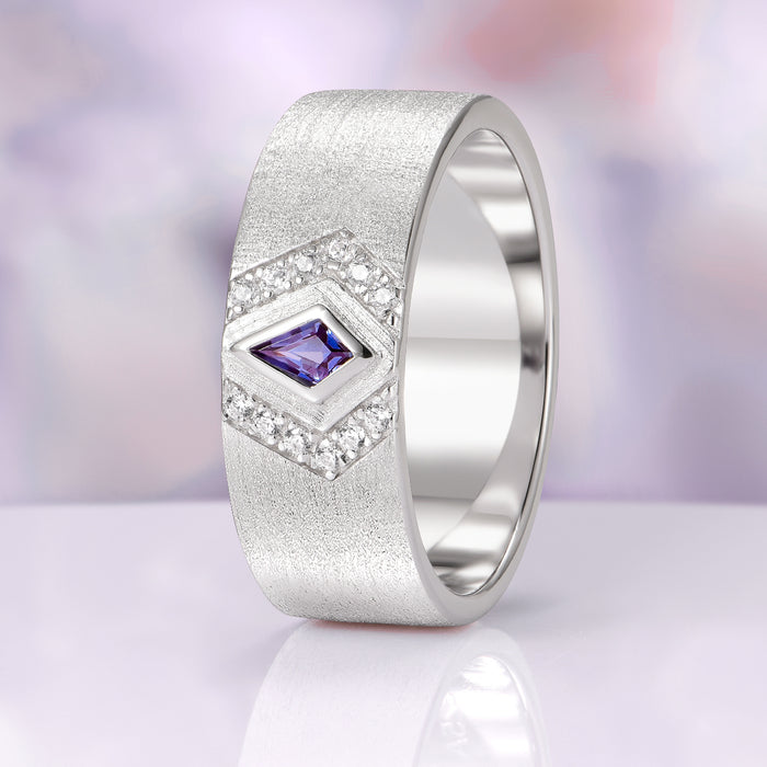 Elowen Alexandrite Couples Ring Set by Aquamarise showcasing a silver band with a deep teal to violet alexandrite and surrounding small diamonds, a matching couples ring with elegant fantasy-inspired design.