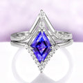 Borealis & Tanzanite Couples Ring Set- Northern Lights & Trees featuring a kite-cut tanzanite surrounded by diamonds in sterling silver, crafted by Aquamarise for matching couples' rings.