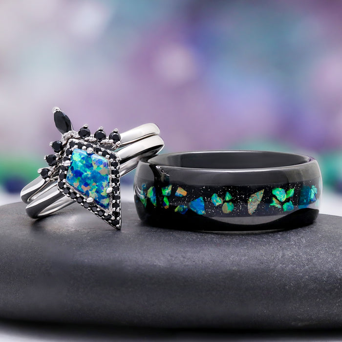 Galaxy green fire opal matching couples ring set by Aquamarise