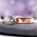 Minimalist Kite Cut Green Moss Agate Engagement Ring in 14K Solid Rose Gold by Aquamarise Gold, featuring a unique kite-cut green moss agate stone and matching rose gold band, perfect for couples rings.