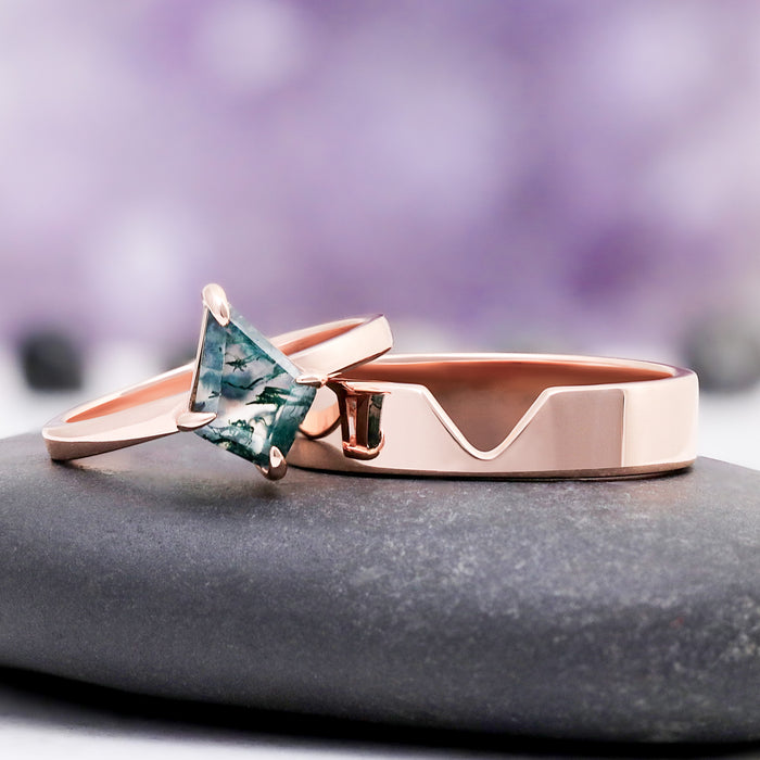Minimalist Kite Cut Green Moss Agate Engagement Ring in 14K Solid Rose Gold by Aquamarise Gold, featuring a unique kite-cut green moss agate stone and matching rose gold band, perfect for couples rings.