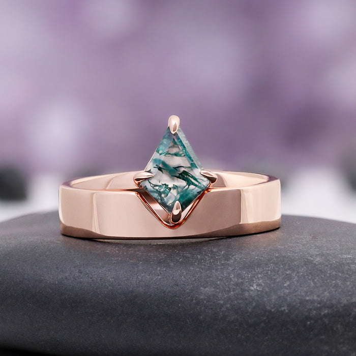Minimalist Kite Cut Green Moss Agate Engagement Ring in 14K Solid Rose Gold by Aquamarise Gold, featuring a unique kite-shaped moss agate stone in a sleek rose gold band.