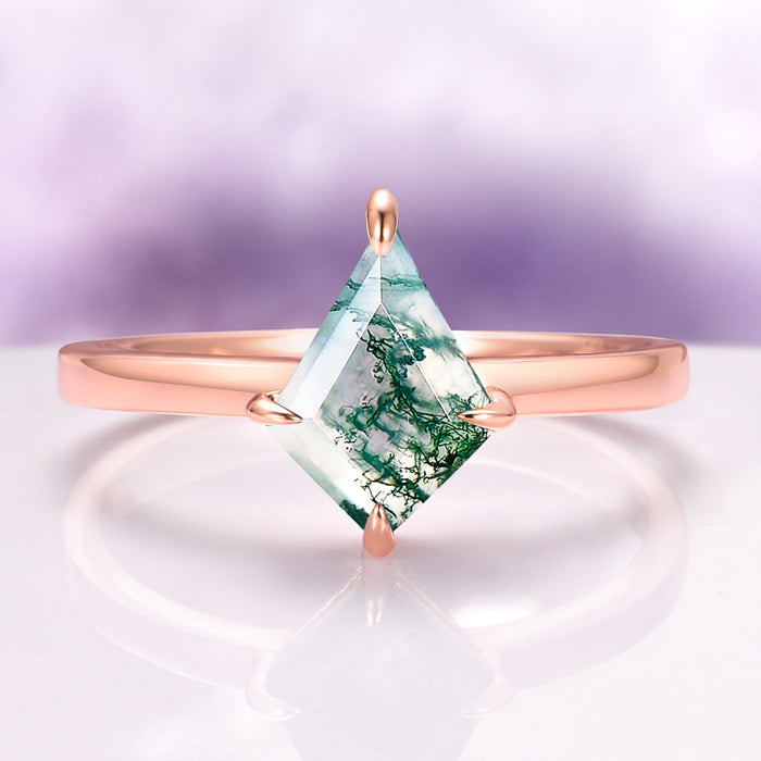 Minimalist Kite Cut Green Moss Agate Engagement Ring in 14K Solid Rose Gold by Aquamarise Gold, featuring a delicate kite-shaped moss agate set on a sleek rose gold band.