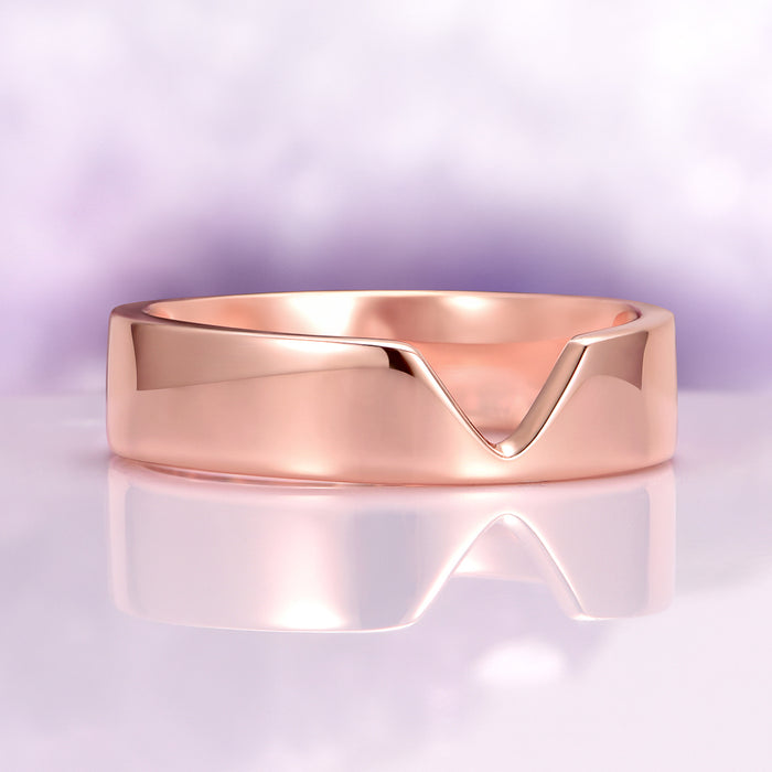 Chevron Kite Wedding Band in 14K Solid Rose Gold (5mm) by Aquamarise Gold, polished smooth flat design with distinctive chevron cut, perfect for minimalist men's and women's rose gold rings.