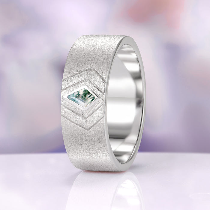 Elowen Moss Agate Couples Ring Set by Aquamarise featuring a textured silver band with a geometric moss agate gemstone, part of the Matching Couples' Rings and Best Selling Jewelry collections.