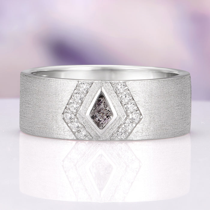 Kite Cut Natural Herkimer Diamond Men's Wedding Band in Sterling Silver (8mm) by Aquamarise, featuring a brushed sterling silver band with a central kite-shaped Herkimer diamond showcasing natural crystalline inclusions, part of Sterling Silver Rings and Men’s Wedding Bands collections.