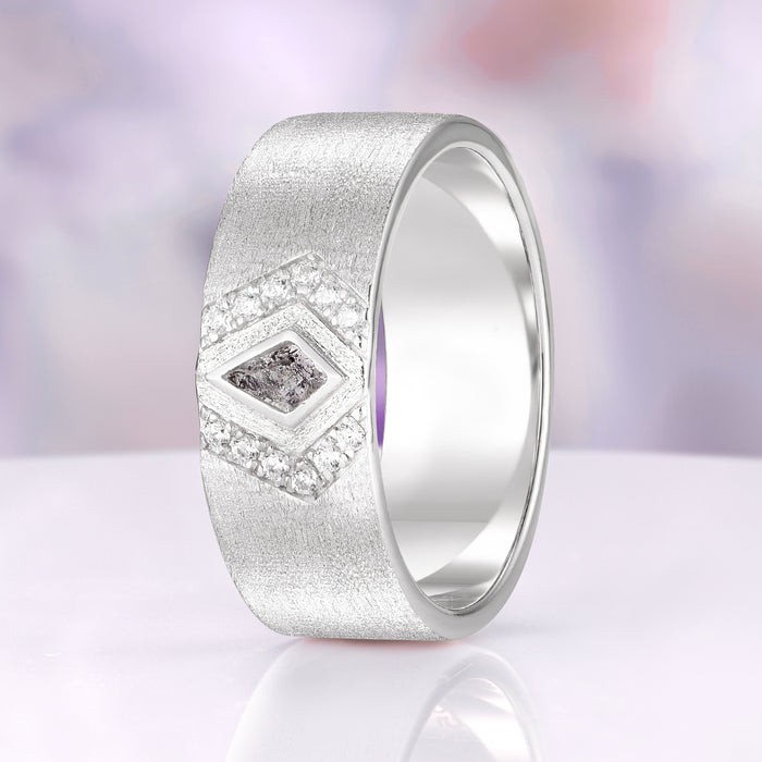 Kite Cut Natural Herkimer Diamond Men's Wedding Band in Sterling Silver (8mm) by Aquamarise, featuring a brushed sterling silver band accented with a central kite-shaped natural Herkimer diamond surrounded by delicate clear stones, part of Sterling Silver Rings and Men’s Wedding Bands collections.