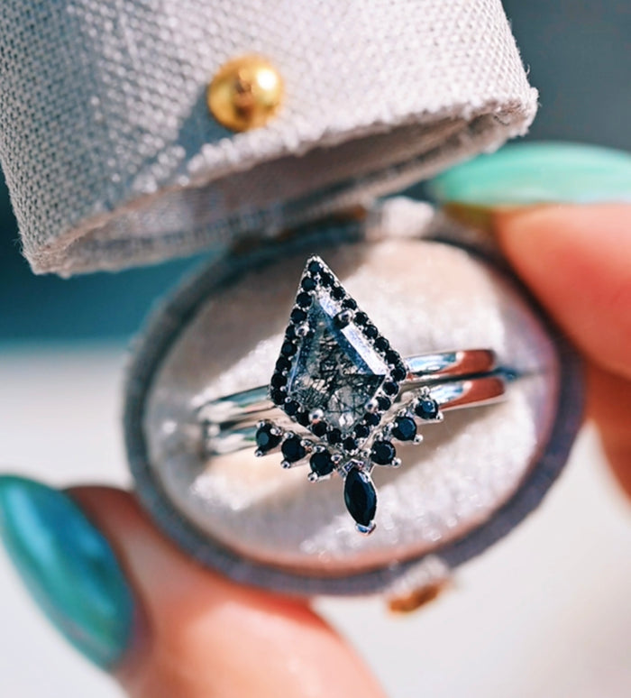 Rutilated Quartz & Black Onyx Engagement Ring Set in 14K White Gold featuring kite-cut rutilated quartz with black onyx accents in polished bands by Aquamarise Gold.