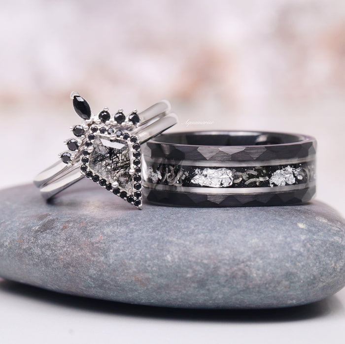 Rutilated Quartz & Black Onyx Engagement Ring Set in 14K White Gold by Aquamarise Gold featuring a kite-cut rutilated quartz with black onyx accents on polished 14K white gold bands.