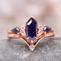 Starry Night Coffin Kite Engagement Ring Set in 14K Solid Rose Gold by Aquamarise Gold, featuring deep blue coffin kite gemstones with sparkling diamond accents in a celestial design.