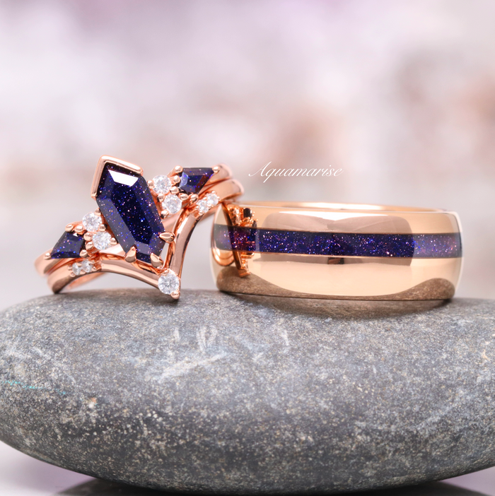 Starry Night Coffin Kite Engagement Ring Set in 14K Solid Rose Gold by Aquamarise Gold, featuring deep blue coffin kite gemstones and matching band with sparkling accents on a stone surface.