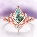 Kite Green Moss Agate Bezel Engagement Ring Set in 14K Solid Rose Gold by Aquamarise Gold, featuring kite-shaped moss agate and sparkling diamonds in an elegant vintage-inspired design.