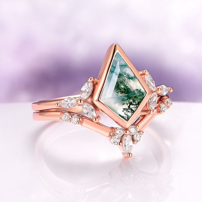 Kite Green Moss Agate Bezel Engagement Ring Set in 14K Solid Rose Gold by Aquamarise Gold, featuring a kite-shaped green moss agate surrounded by marquise and round diamonds in a nature-inspired design.