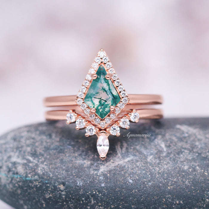 Kite Cut Green Moss Agate Engagement Ring Set in 14K Solid Rose Gold by Aquamarise Gold, featuring a unique kite-shaped green moss agate with diamond accents in a non-traditional design.