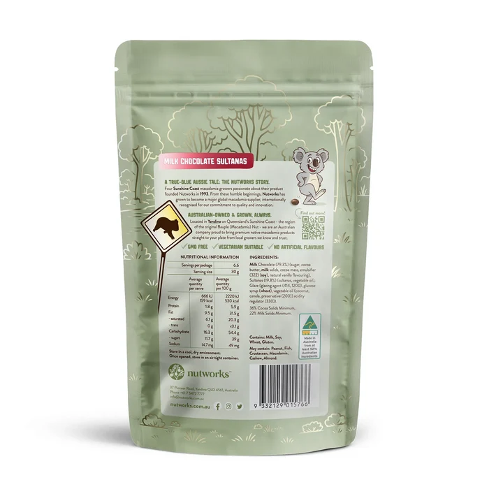 Back Green Nutworks Milk Chocolate Sultanas packaging of a snack with a label Nutritional information on a white background