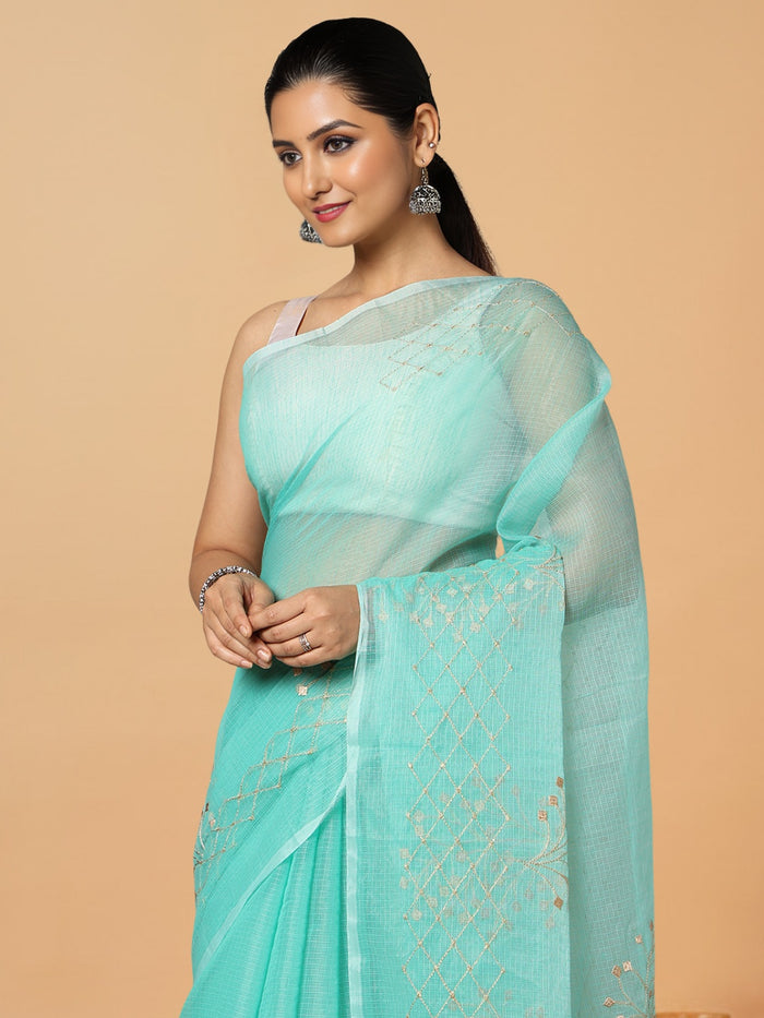 Kota Doria Cotton Bel Embroidery Saree Sea Green Handdyed