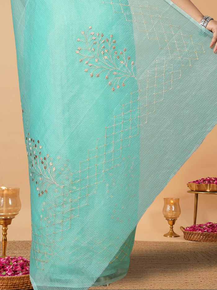 Kota Doria Cotton Bel Embroidery Saree Sea Green Handdyed