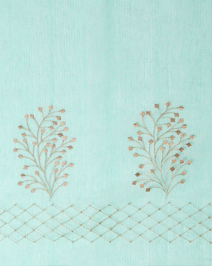 Kota Doria Cotton Bel Embroidery Saree Sea Green Handdyed