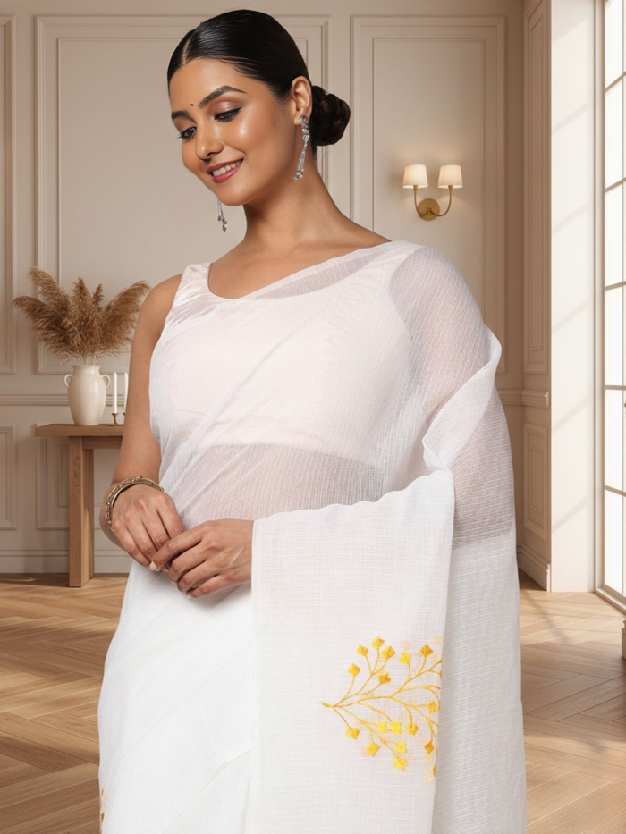 Kota Doria Cotton Bel Embroidery White Saree Handdyed