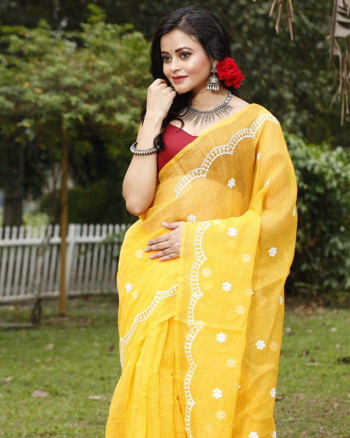 Kota Doria Sarees Embroidery Work Bright Yellow