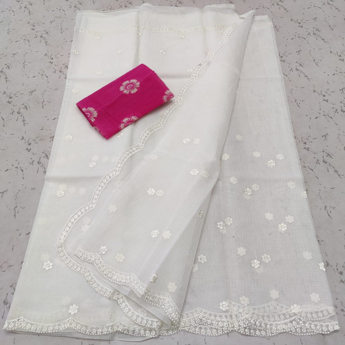 Kota Doria Sarees Embroidery work with blouse Silver White Colour-Indiehaat