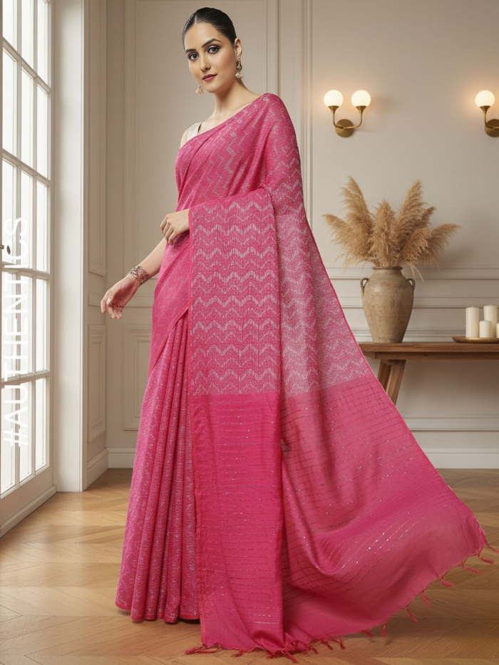 Kota Silk Pink Saree Sequence Pallu & Zig-Zag Design