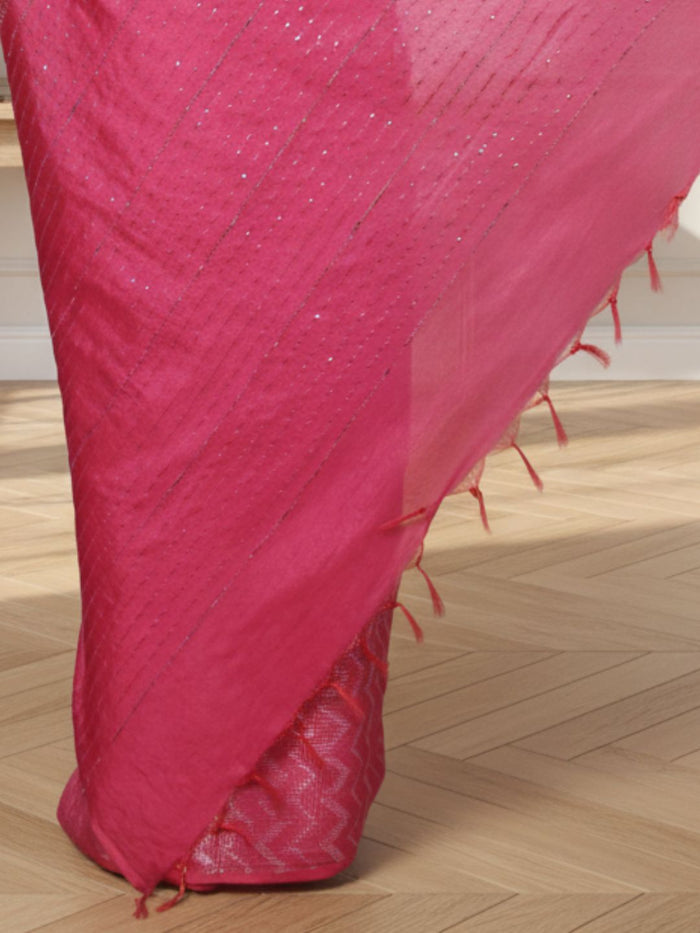 Kota Silk Pink Saree Sequence Pallu & Zig-Zag Design