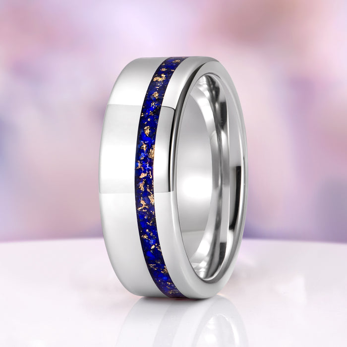 Lapis Lazuli Wedding Band in Tungsten Carbide (8mm) by Aquamarise, featuring a sleek polished tungsten band with a vibrant natural lapis lazuli and gold foil inlay, part of Men’s Wedding Bands, Inlay Wedding Bands, and Birthstone Jewelry collections.