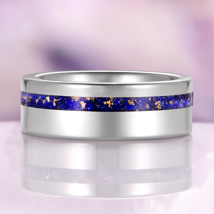 Lapis Lazuli Wedding Band in Tungsten Carbide (8mm) by Aquamarise, featuring a polished tungsten carbide band with a vibrant natural lapis lazuli and gold foil inlay, part of Men’s Wedding Bands and Inlay Wedding Bands collections.