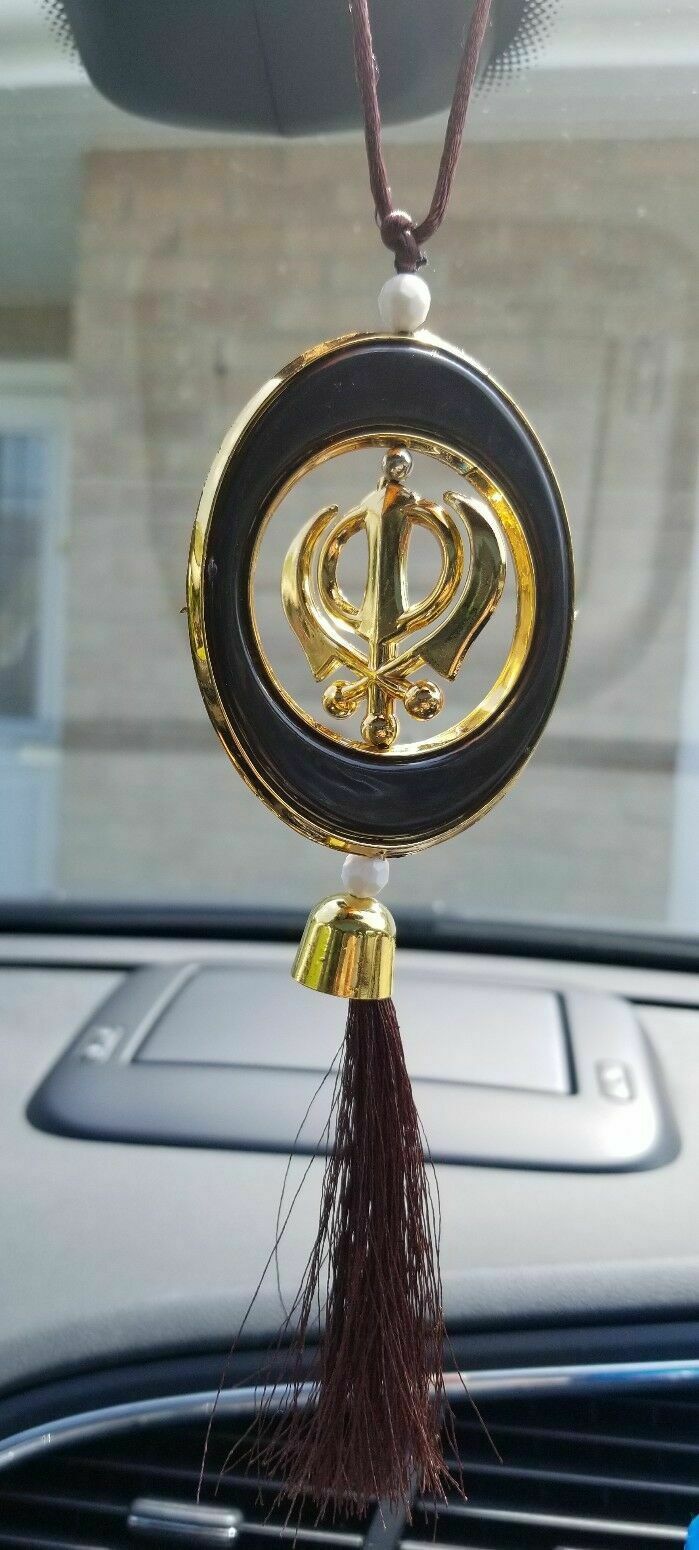 LARGE Plastic Gold Tone Stunning Khanda Punjabi Sikh Pendant Car Rear Mirror BRO