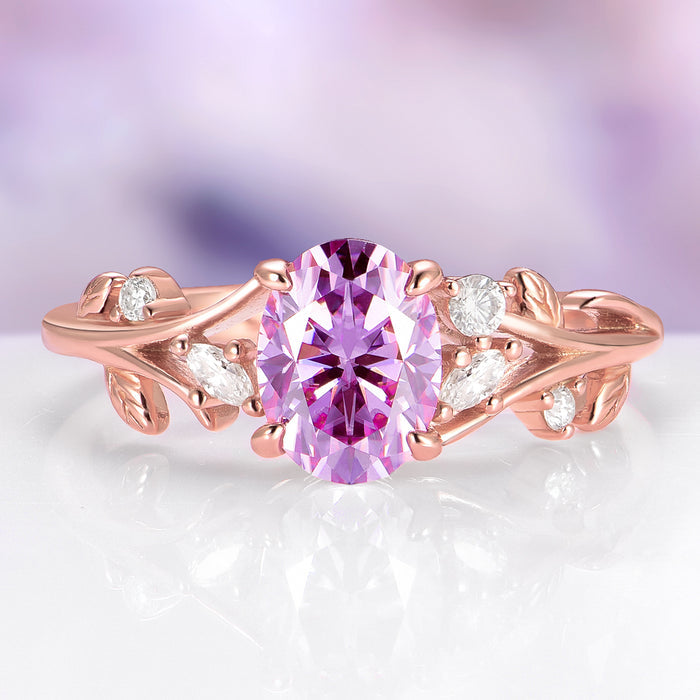 Lavender Moissanite Fairy Leaf Ring in 14K Rose Gold Vermeil