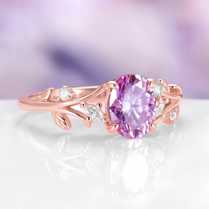 Lavender Moissanite Fairy Leaf Ring in 14K Rose Gold Vermeil