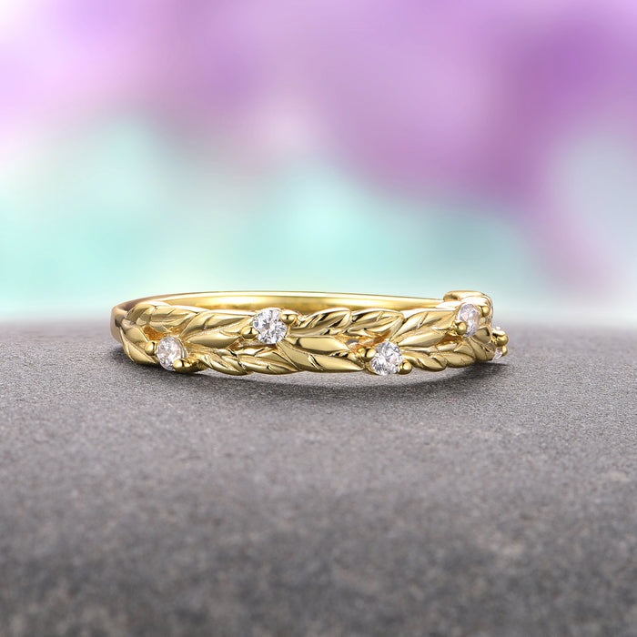 Diamond Leaf Wedding Band in Solid 14K Yellow Gold by Aquamarise Gold, featuring an intricately detailed leaf motif accented with scattered sparkling diamonds, embodying nature-inspired elegance in women’s wedding bands.