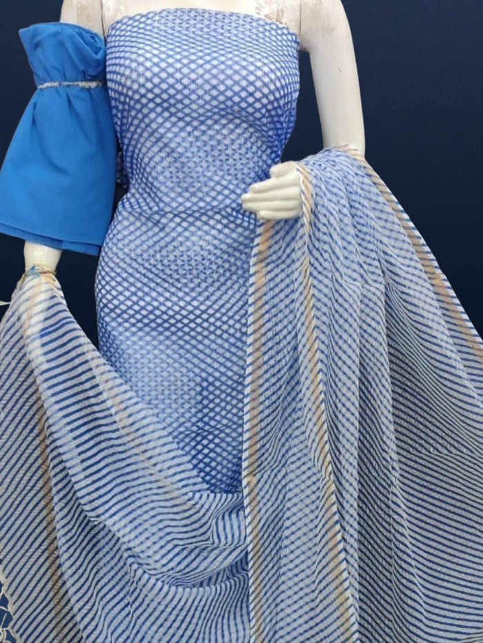 Lehariya Kota Doria Blue Suit (Top+Dupatta+Bottom)
