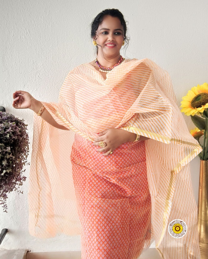 Kota Doria Orange Suit Material 2 Piece Lehariya Tie And Dye (Only Top And Dupatta)-Indiehaat