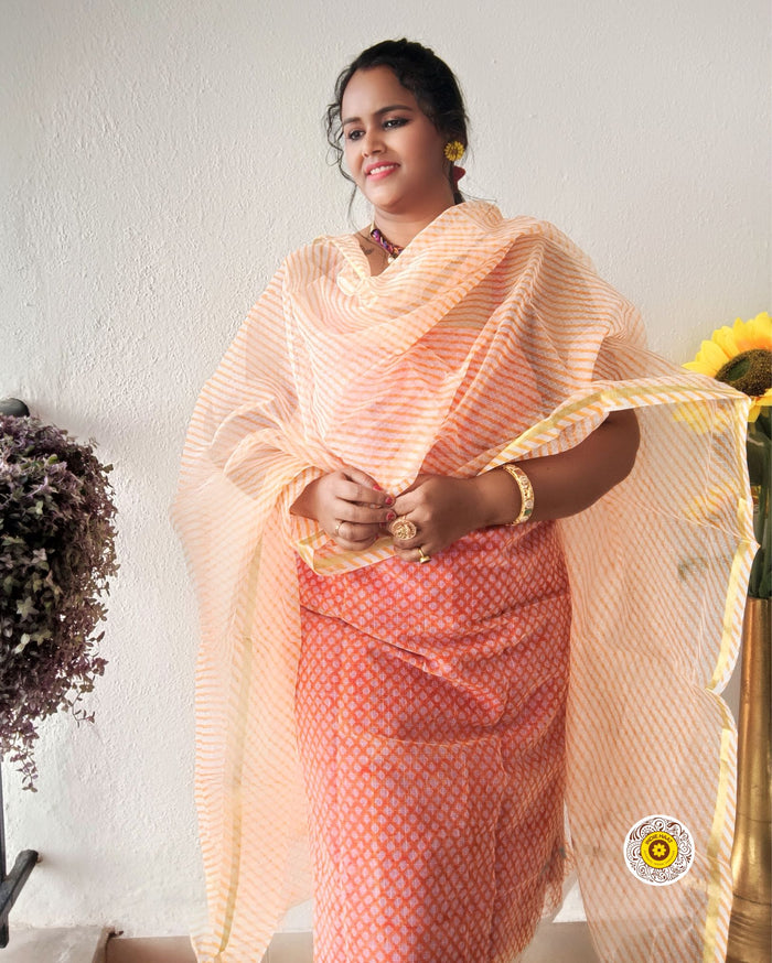 Kota Doria Orange Suit Material 2 Piece Lehariya Tie And Dye (Only Top And Dupatta)-Indiehaat
