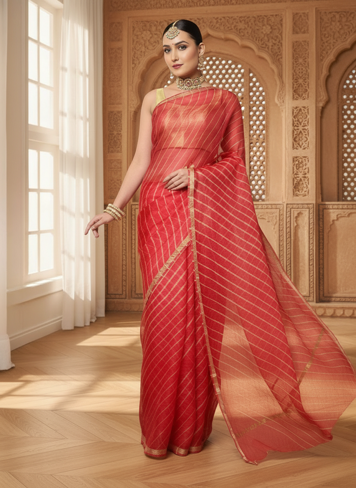 Lehariya Pure Silk Kota Doria Red Saree Handcrafted