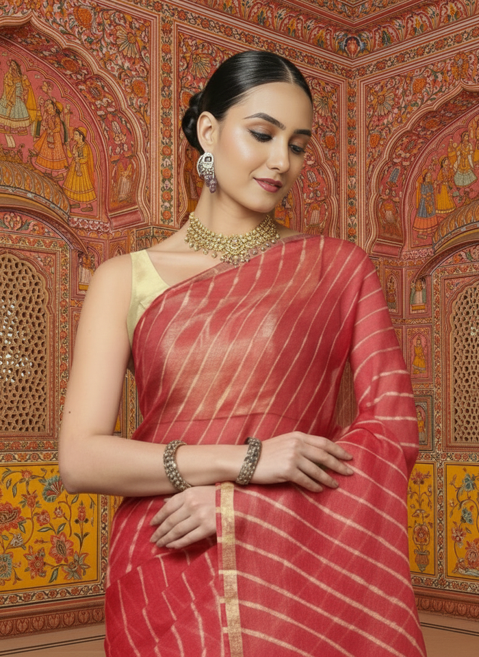 Lehariya Pure Silk Kota Doria Red Saree Handcrafted