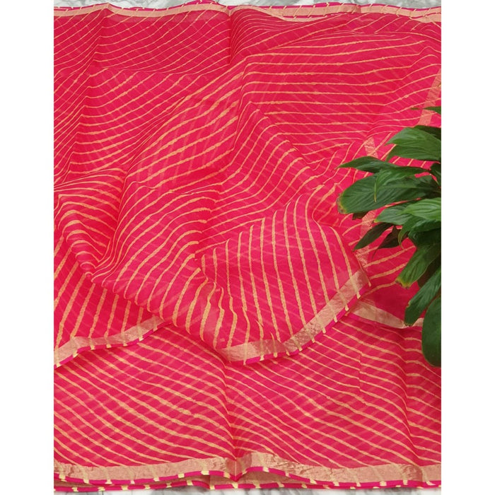 Pure Silk Kota Doria Saree Pink Color with blouse Handcrafted-Indiehaat