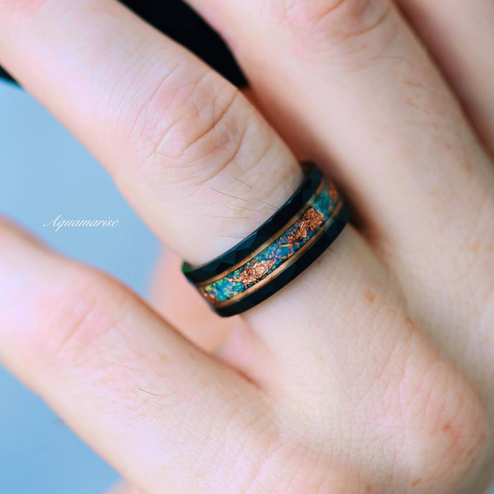 Light Blue Fire Opal & Opalescent Sapphire Couples Ring Set featuring crushed blue opal and sapphire inlays with rose gold accents on a black tungsten band by Aquamarise.
