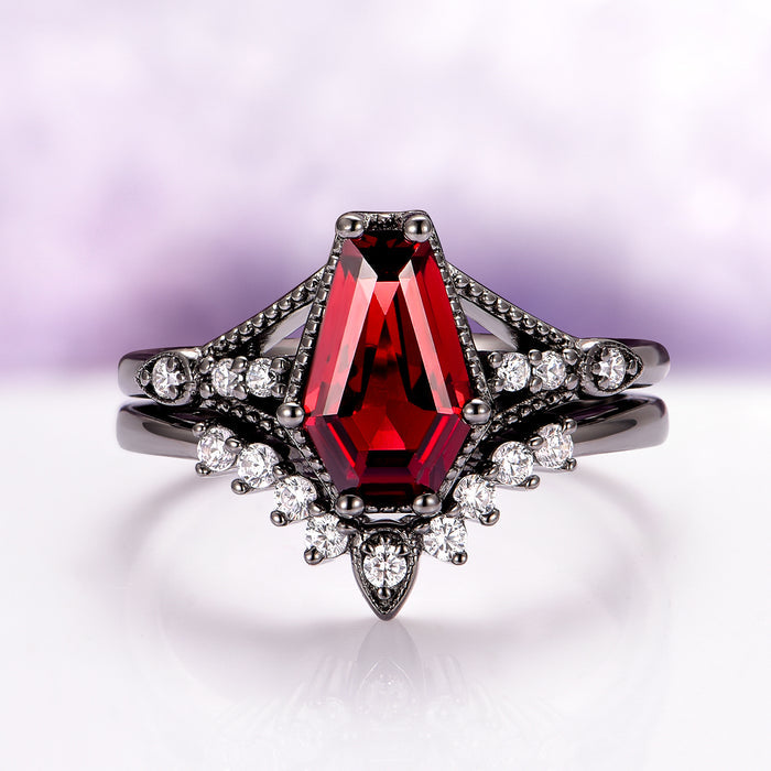 Lilith Coffin Cut Natural Red Garnet Couples Ring Set by Aquamarise featuring a bold coffin-shaped garnet with black finish and sparkling diamond accents, from matching couples' rings collection.