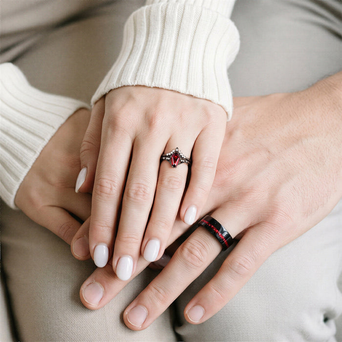 Lilith Coffin Cut Natural Red Garnet Couples Ring Set by Aquamarise, featuring a coffin-shaped garnet and black-finish bands for a bold, matching couple’s jewelry statement.