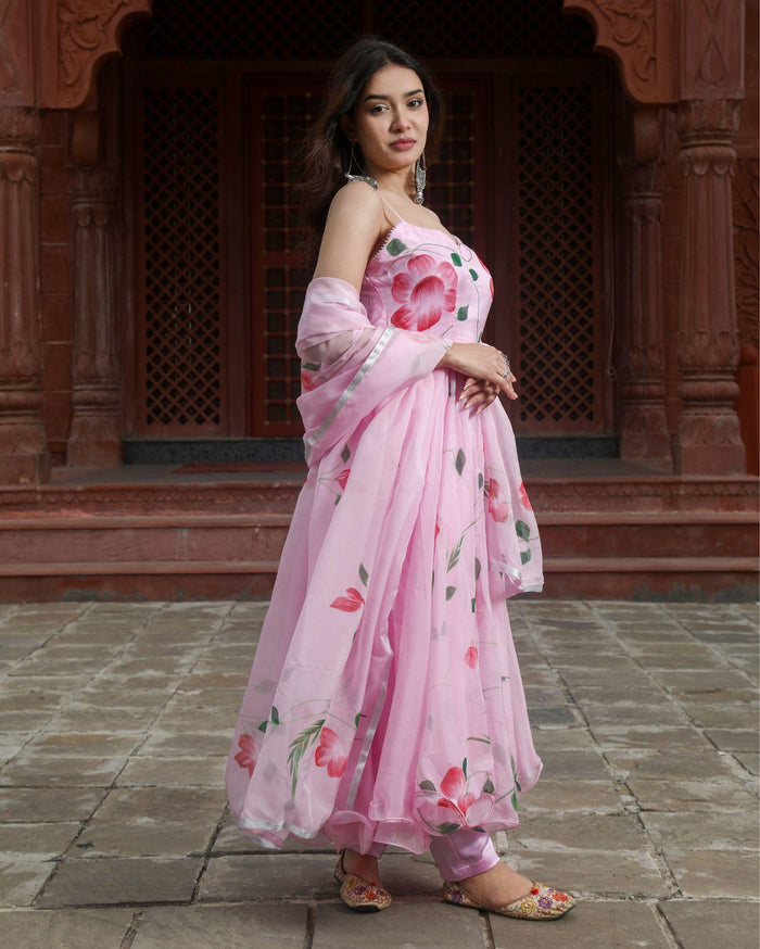Organza Stitched Suit Pink Color Hand painted - IndieHaat