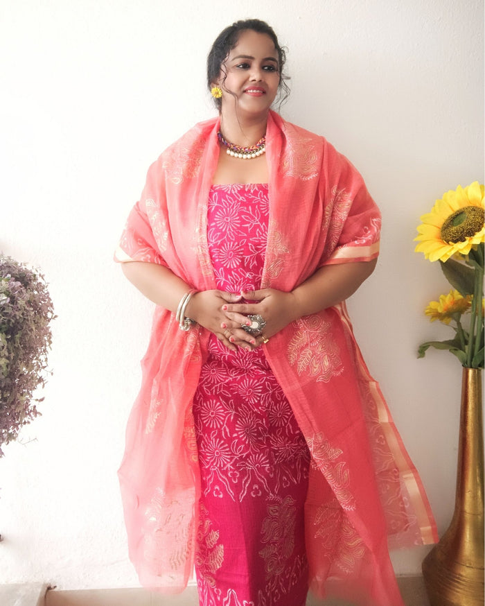 Lovable Kota Doria Embroidered Suit (T+B+D) Material Red With Pink Dupatta