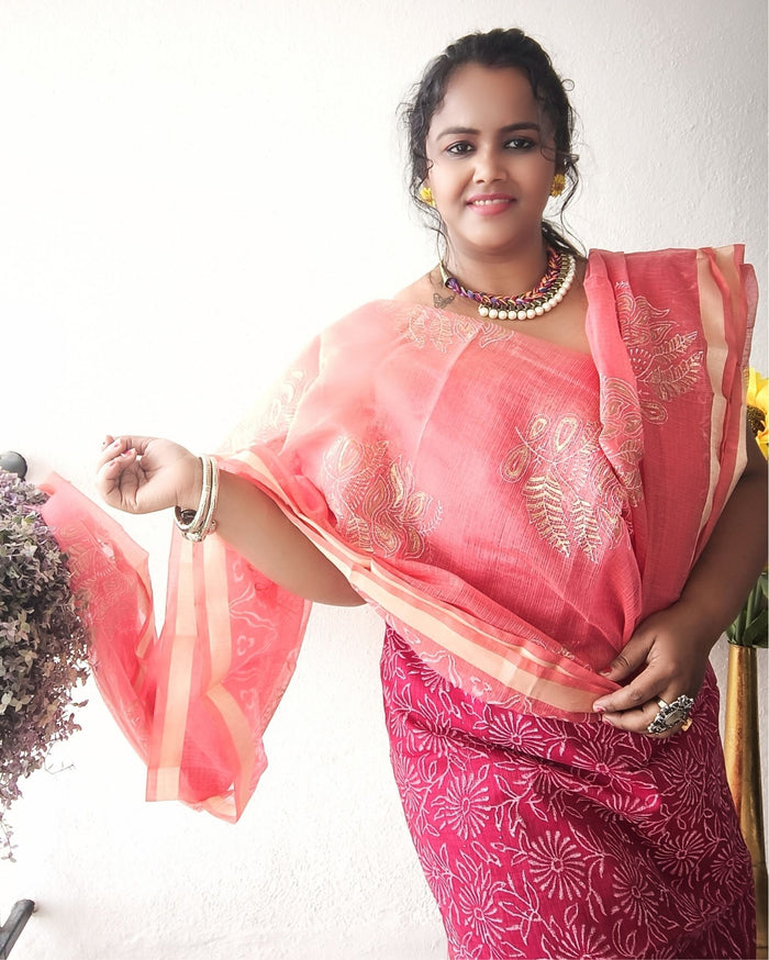 Lovable Kota Doria Embroidered Suit (T+B+D) Material Red With Pink Dupatta