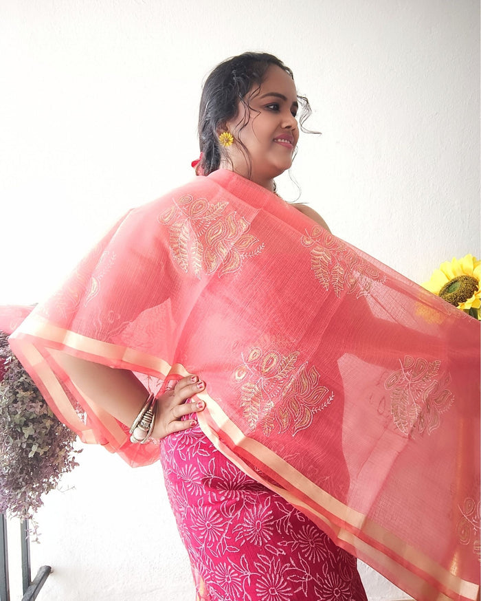 Lovable Kota Doria Embroidered Suit (T+B+D) Material Red With Pink Dupatta