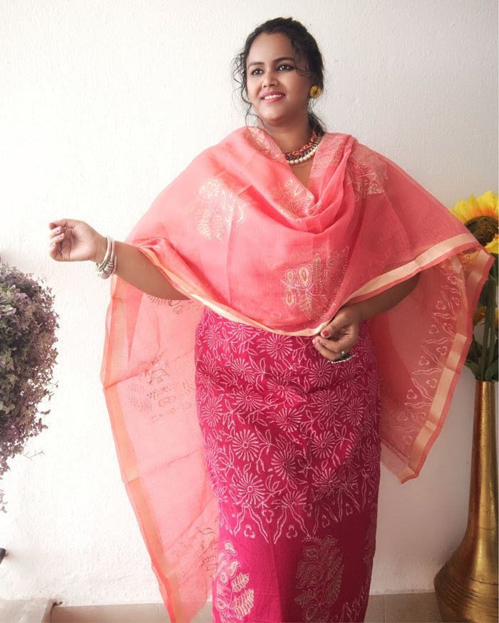 Lovable Kota Doria Embroidered Suit (T+B+D) Material Red With Pink Dupatta
