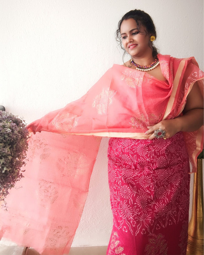 Lovable Kota Doria Embroidered Suit (T+B+D) Material Red With Pink Dupatta